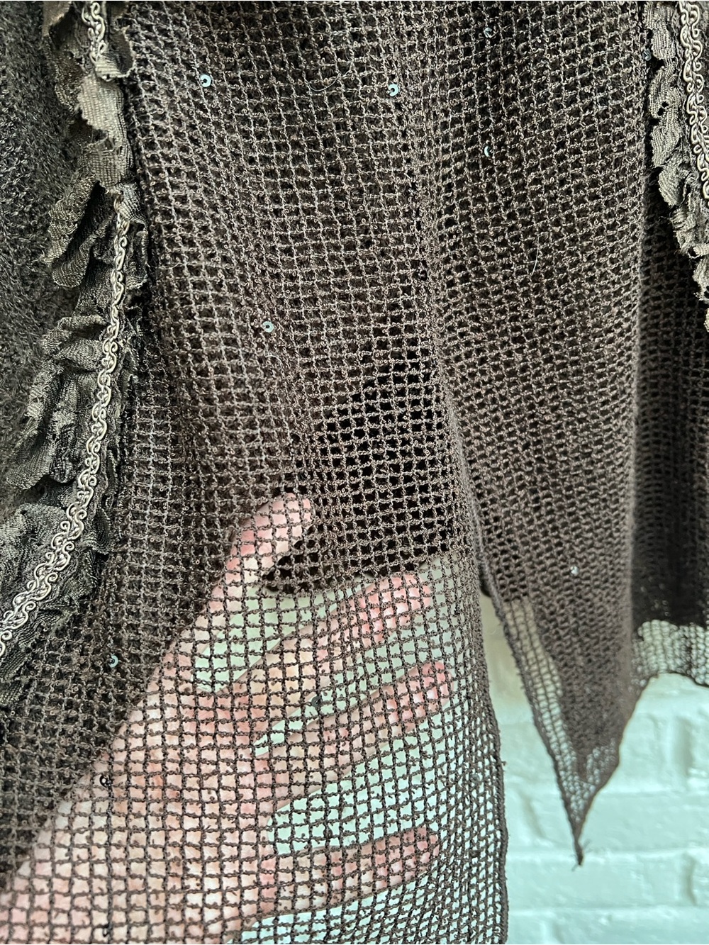 PRETTY ANGEL Brown Embroidery beaded Sweater Longsleeve Square Neck Mesh Lace - Picture 10 of 15